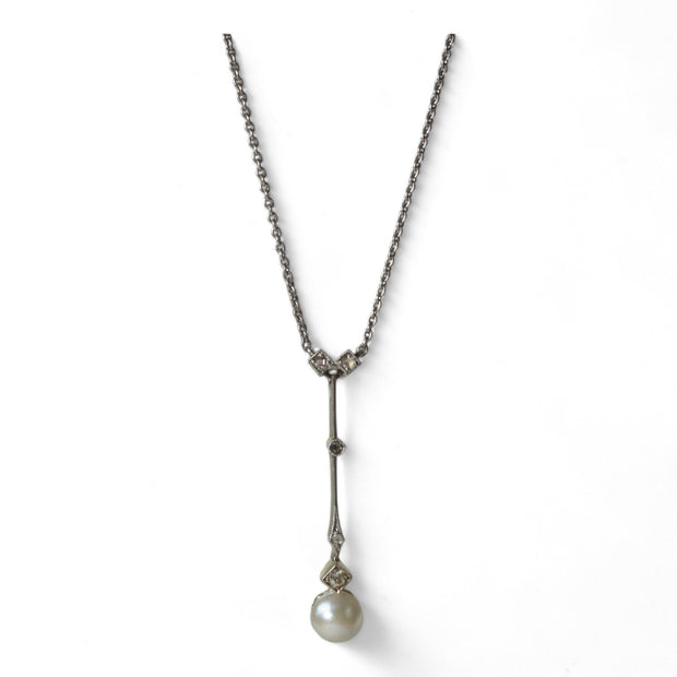 Gold and Platinum Diamond and Pearl Drop Necklace