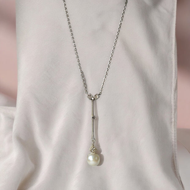 Gold and Platinum Diamond and Pearl Drop Necklace