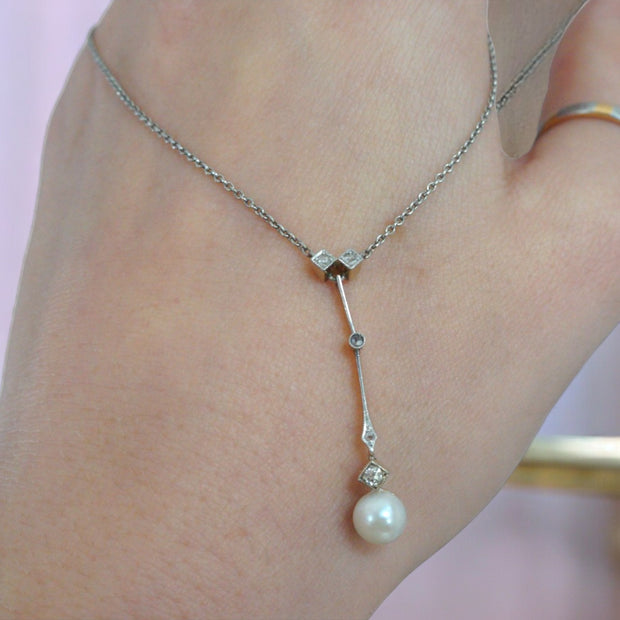 Gold and Platinum Diamond and Pearl Drop Necklace