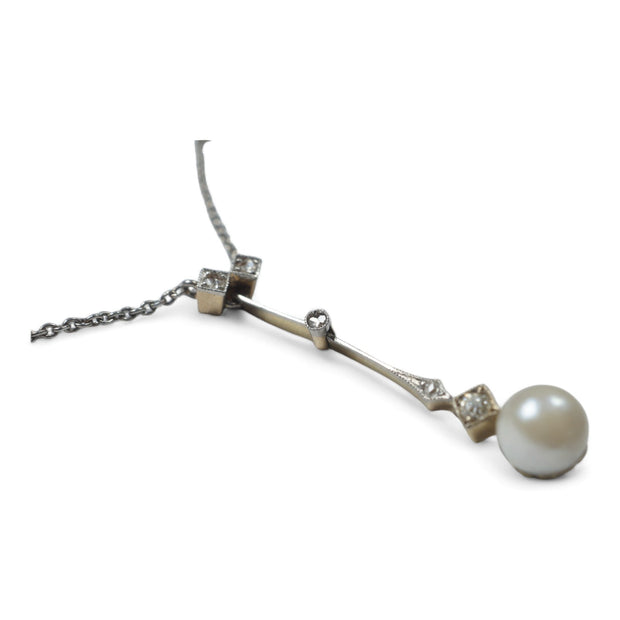 Gold and Platinum Diamond and Pearl Drop Necklace