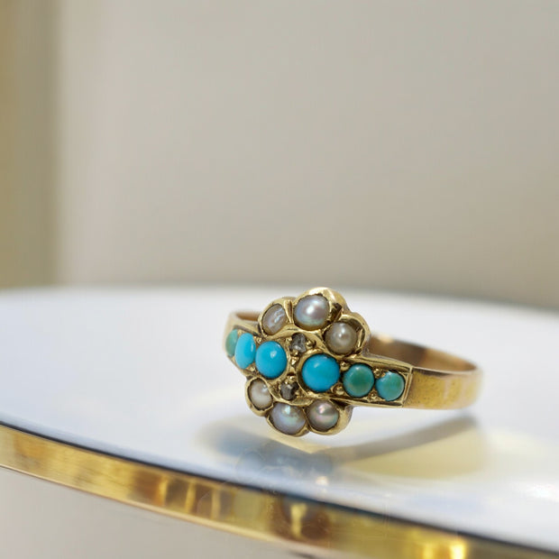 Victorian Turquoise Pearl and Rose Cut Diamond Ring