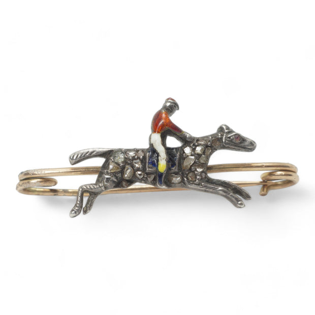 Diamond and Enamel Horse and Jockey Brooch