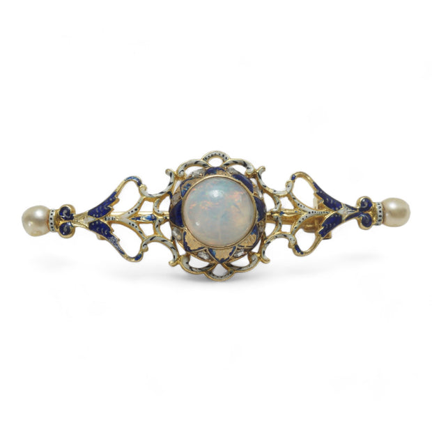 18k Gold Enamel Opal Diamond and Pearl Bar Brooch