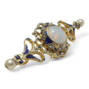 18k Gold Enamel Opal Diamond and Pearl Bar Brooch