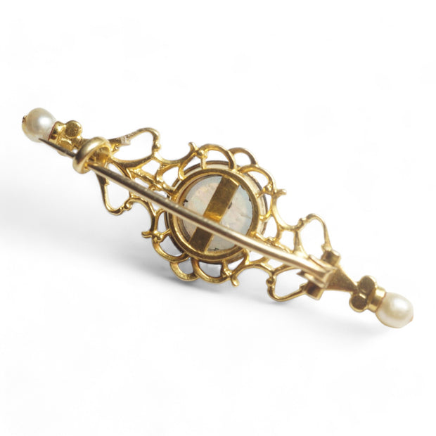 18k Gold Enamel Opal Diamond and Pearl Bar Brooch