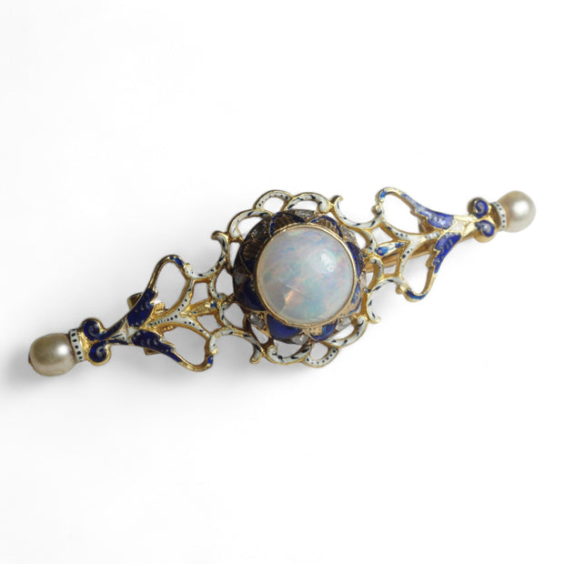 18k Gold Enamel Opal Diamond and Pearl Bar Brooch