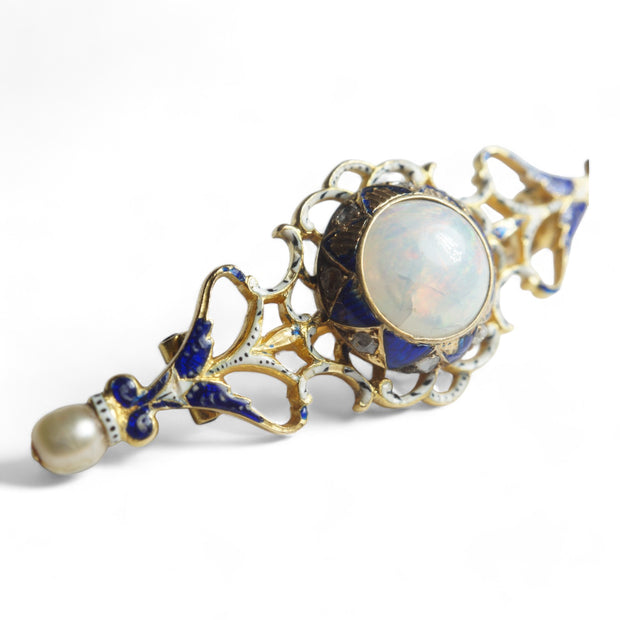 18k Gold Enamel Opal Diamond and Pearl Bar Brooch