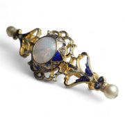 18k Gold Enamel Opal Diamond and Pearl Bar Brooch