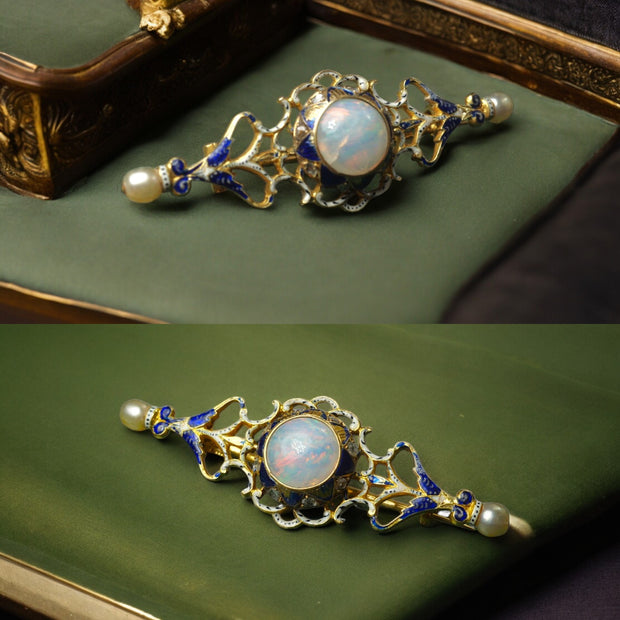 18k Gold Enamel Opal Diamond and Pearl Bar Brooch