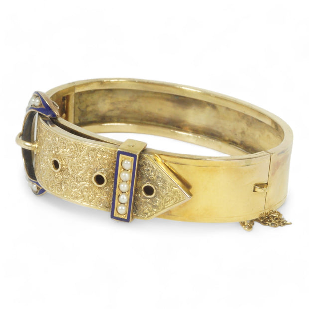 Victorian 15k Gold Enamel and Pearl Buckle Bangle