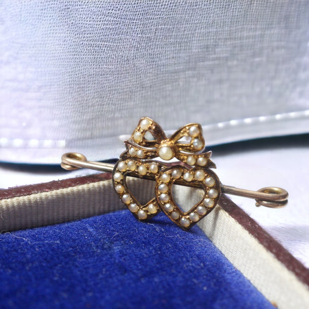 Antique Double Heart Pearl Brooch