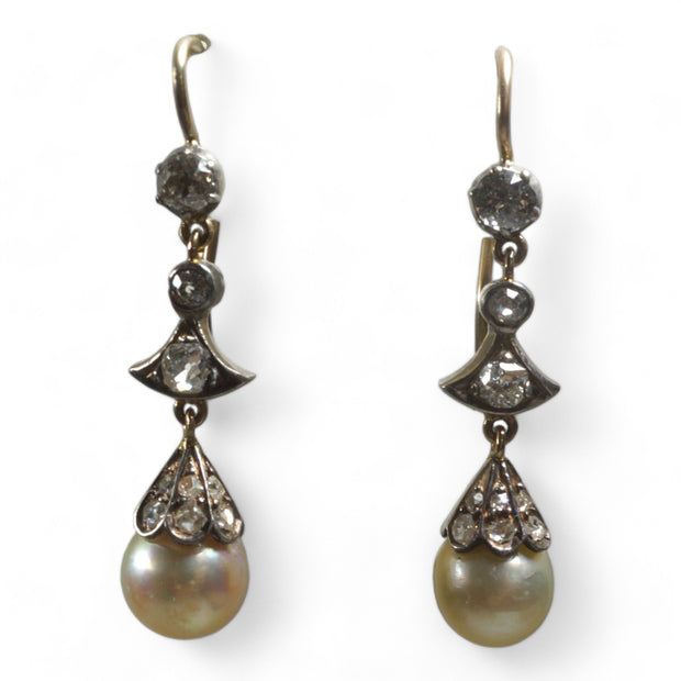 Natural Pearl and Old Cut Diamond Victorian Earrings