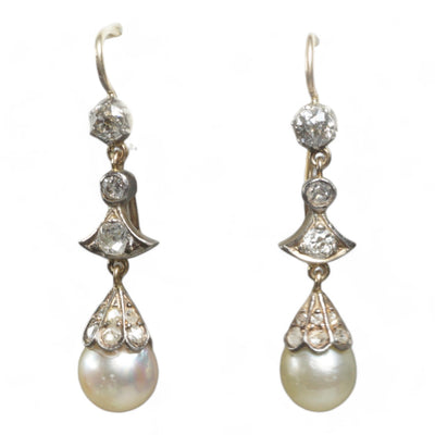 Natural Pearl and Old Cut Diamond Victorian Earrings