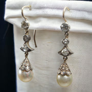 Natural Pearl and Old Cut Diamond Victorian Earrings