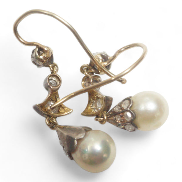 Natural Pearl and Old Cut Diamond Victorian Earrings