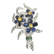 Art Deco Yellow Blue and White Sapphire Floral Brooch