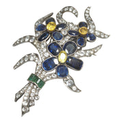 Art Deco Yellow Blue and White Sapphire Floral Brooch