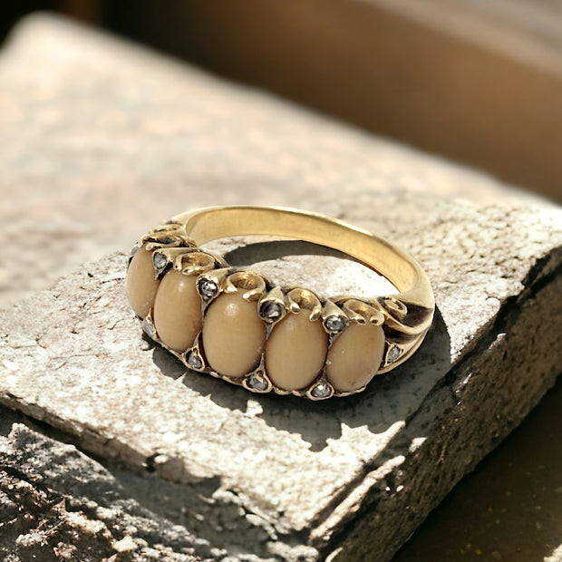 Victorian Coral Diamond 5 Stone Ring